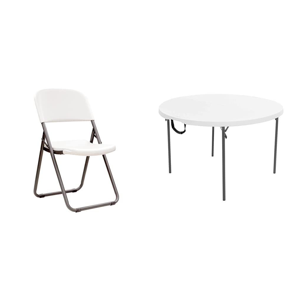 Lifetime 4 pieces Loop Leg Folding Chair – model 80155 & 280064 4 ft (1.22 m) Round Light Commercial Fold-In-Half Table (white granite)