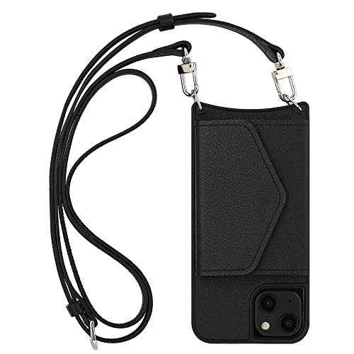 本革 スマホケース iPhone 12 Pro Max 互換性 対応ケース スマホショルダー ショルダーケース 取り外し可能 カード収納 バイカラー ロングストラップ (ブラック)