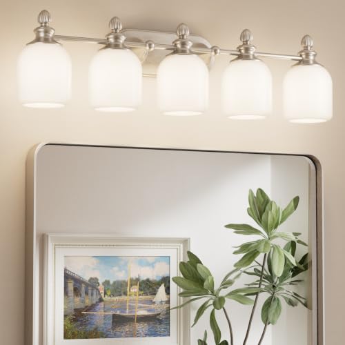Keonjinn 5-Light Brushed Nickel Vintage Bathroom Light Fixtures Over Mirror