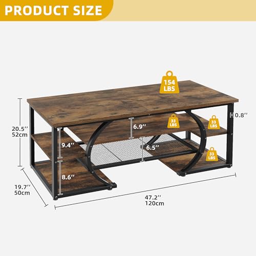 DWVO Rustic Coffee Table with Storage Shelf, 47" Wood Rectangle Center Table, 5 Tier Cocktail Tea Table, Modern Industrial Accent Table w/Arched Metal Frame for Living Room, Reception Room (Brown)