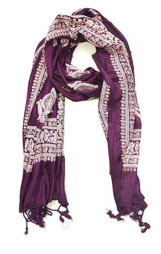 Image of Women's Purple Dupatta with Intricate Floral Embroidery, Paisley Motifs and Tassel Ends