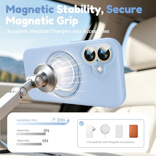 Image of Silicone 360 Spin Magnetic Stand Case for iPhone 17, [Compatible with Mag-Safe][Reinforced Hard Camera Protection]Shockproof Liquid Silicone Rubber Phone Case Cover with Ring, Camera Button, Sky Blue