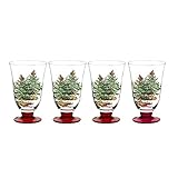 Spode Christmas Tree Glass Footed All Purpose Glasses with Red Stem, Set of 4, 18-ounce