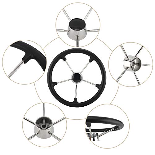 Yaegarden 11 Inch 5 Spoke Boat Steering Wheel, Stainless Marine Wheel with Black Foam Grip