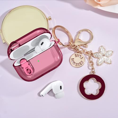 Image of (with Lock) Clear Case Compatible for Cute Apple Airpods Pro1 /2 Cases with Bling Keychain, VISOOM TPU Transparency Air pods Pro 1st 2nd Generation Earbuds Bling Keychain for iPod Pro2 1,Burgundy