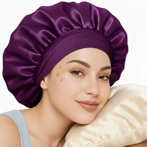 Image of Silk Bonnet for Hair with 3 Scrunchies, Adjustable Silk Hair Cap for Sleeping, Satin Bonnet for Curly Hair, shower cap with Wide Elastic Tie Band (Purple)