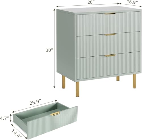 GarveeHome Green 3 Drawer Dresser for Bedroom, Large Nightstand Chest of Drawers, Modern Wood Storage Dresser Organizer with Gold Metal Handles & Anti-Tipping Device for Hallway, Entryway