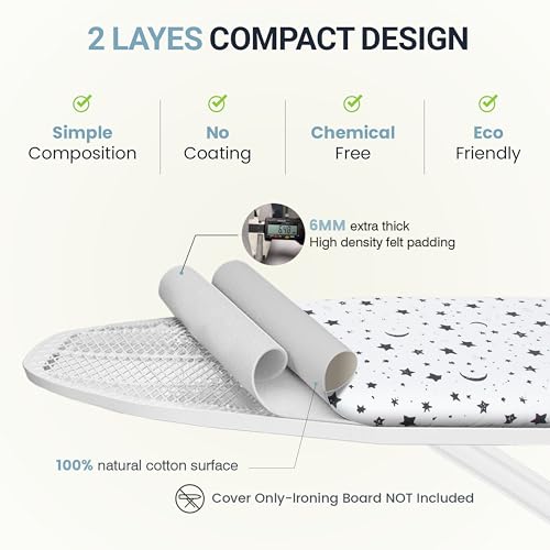 Image of Ironing Board Cover and Pad 15 inchx54 inch Extra Thick Natural Cotton, Scorch and Stain Resistant Padding, Standard Size Iron Board Cover with Fasteners Heavy Duty Elastic Edge, Heatproof Nightfall