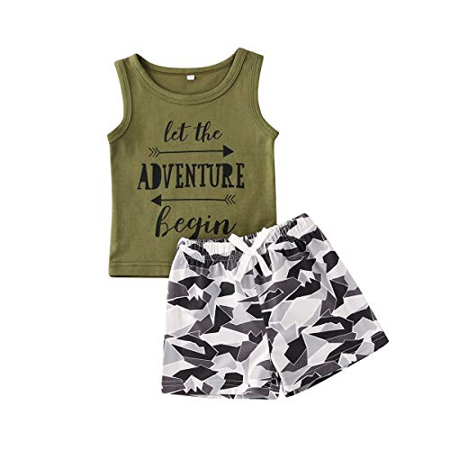 Infant Baby Boy Summer Clothes Sleeveless Dinosaur Shark Tank Top+Print Shorts 2Pcs Casual Clothes Set (Letter Army Green, 12-18 Months)
