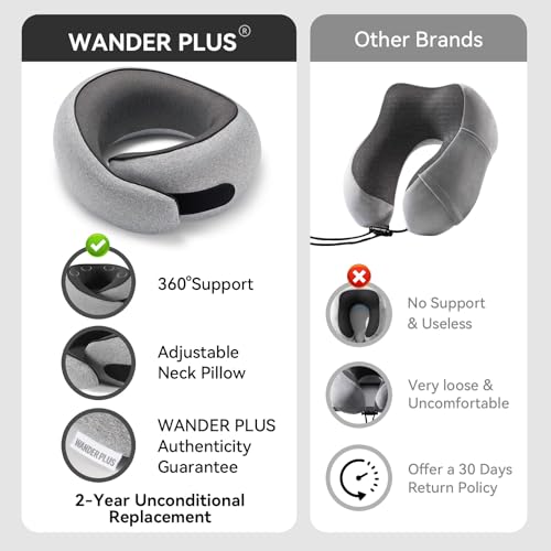 Image of WANDER PLUS Travel Pillow, 100% Pure Memory Foam Travel Neck Pillow Airplane Neck Support Ergonomic Design Best for Sleeping Plane Car Train Office Flight for Adults Grey