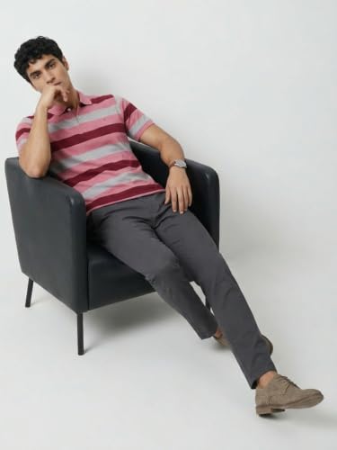 Image of Raymond Men Modern Fit Stripe Pattern Pure Cotton Polo Neck Half Sleeve Casual T-Shirt
