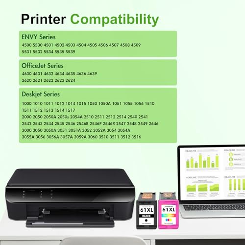 Image of 61XL 61 4500 5530 Ink Cartridge for HP Printers Black and Color Combo Pack | Replacement for HP61 Ink 61 XL for Envy 4500 5530 4502 OfficeJet 4630 DeskJet 2540 Printer (2Pack, Black Tri-Color)