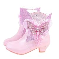 Zeiayuas Kids Girls Glitter Sequin Boots Warm Side Zipper Low Heel Ankle Boots Winter Non-Slip Outdoor Sparkly Plush Faux Fur Lined Shoes High Heeled Princess Shoes
