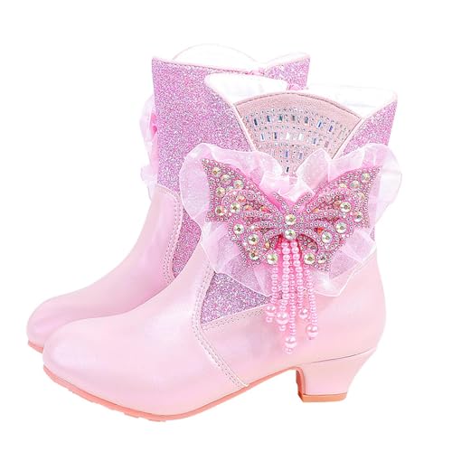 Girls Cute Ankle Boots Butterfly Pearl Sequin Dress Boots Chunky Heel Side Zipper Short Booties for Kids 3-12 Years
