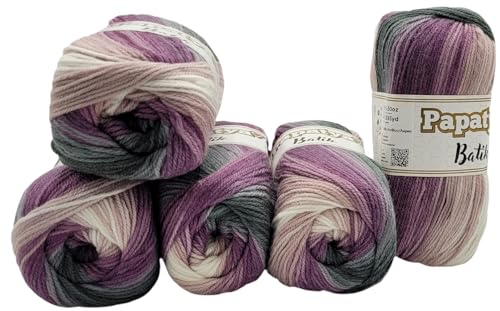 Ilkadim Export 5 x 100 g Knitting Yarn Papatya Batik Multicoloured with Colour Gradient, 500 g Knitting Wool Colourful, Colour Gradient Yarn (Grey, Purple, Pink, White 554-22)