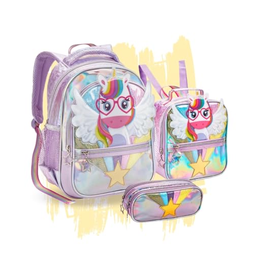 Kit Mochila Escolar Infantil Menina 3 Divisórias Gatinha Unicornio Com Lancheira e Estojo (Unicónio Lilás)
