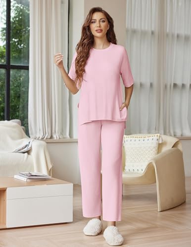 Image of Ekouaer Lounge Sets for Women Short Sleeve Tops and Long Pants Soft Comfy Pajamas Set 2 Piece Outfits