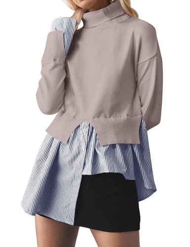 Image of MISSACTIVER Women Slit Turtleneck Patchwork Sweater 2 in 1 Buttons Down Pullover Knit Sweater Asymmetrical Hem Shirt Top