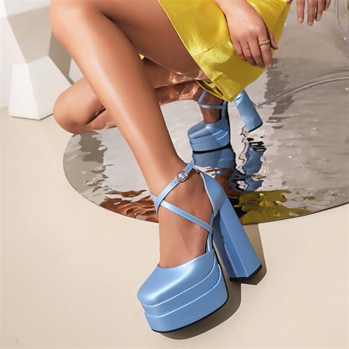 Women's Platform Chunky Heels Closed Toe Block Ankle Strap Dress Wedding Party Pumps Shoes4