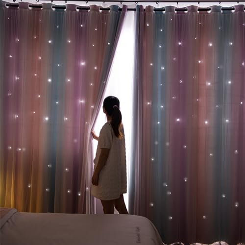 Image of Yancorp Room Darkening Blackout Curtains with Grommets Kids Lace Drapes Star Double Layer Window Panels with Tie Backs Bedroom Living Room (Rainbow, W52 X L96-1 PC)