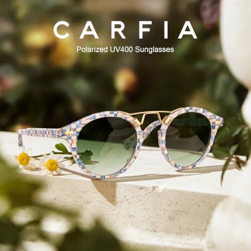 Image of CARFIA Small Face Double Bridge Acetate Polarized Round Womens Sunglasses | Retro Metal Bridge Designer Style, UV400 protection, Non-Fading Frame. Perfect for driving, beach, golf, daily and gifts.