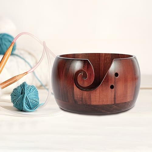 Image of Wooden Yarn Bowl with Lid, 6in Round Knitting Yarn Holder Bowl with Carved Holes,Crochet Bowl for Yarn,Pine Wood Weaving Thread Bowl, Yarn Storage Bowl for Crocheting Accessories (Dark color