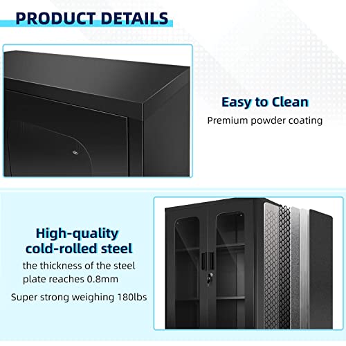Greenvelly Locking Metal Cabinet With Lock, Tall Steel Office Cabinet With Tempered Glass Door, Black Lockable Storage Cabinet With Door And 3 Shelves, Utility Locker For Office, Home, Pantry, Kitchen #TOP5