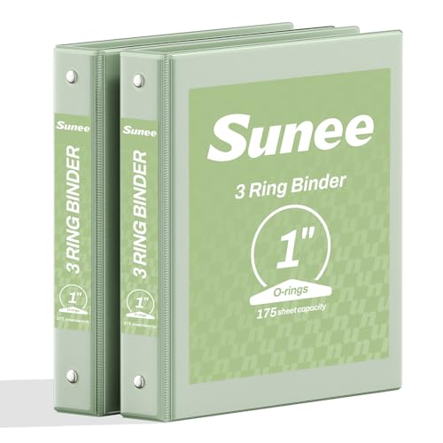 SUNEE 3 Ring Binder 1 Inch 2 Pack Clear View PVC-Free (Fit 8.5x11 Inches) for School or Office Sage Green