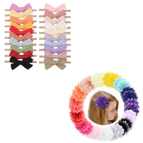 jollybows 20pcs Baby Girls Cotton Hair Bows+30pcs Alligator Hair Clips Chiffon Flower Hair Barrettes Accessories for Kids Toddler Teens