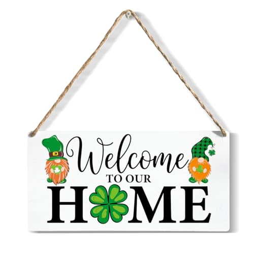 Wooden Hanging Sign Rustic St Patrick's Day Front Porch Plaque Welcome To Our Home Four Leaf Clover Entrance Wall Decor Engineered Wood Farmhouse Holiday Housewarming Gift 12x6 Inch