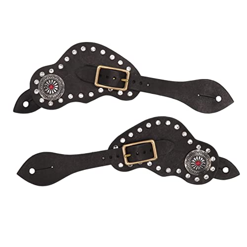 Kuuleyn Riding Spurs Leather Spur Belt 1pair Spur Strap Leather Rhinestone Western Vintage Style Horse Riding Protective Equipment for Outdoor Black