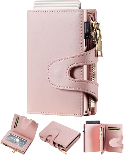 Image of furid Small Card Wallet Women: Rfid Leather Smart Pop Up Wallets, Cherry Pink, minimalist wallet, Bifold | Ladies Mini Card Holder Slim Minimalist with Zipper Coin Pocket ID Window - Gifts for Wife Mother on Anniversary Birthday