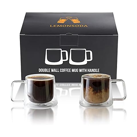 LEMONSODA Double Walled Glass Coffee Drink Mug with Handle - Set of 2 (250 mL / 8.5 fl. oz) Insulated Thermal Mugs Glasses For Tea, Coffee, Latte, Cappucino, Cafe, Milk - Housewarming Gifts Cover