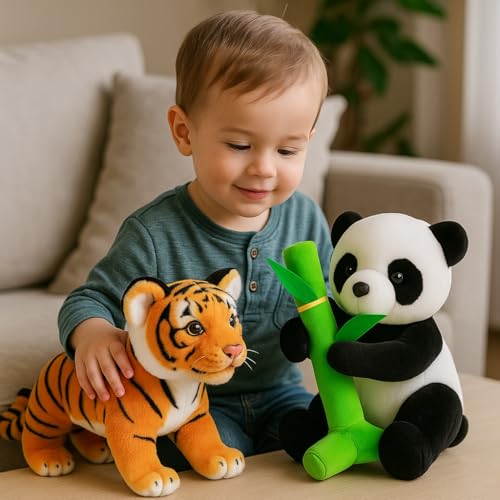 Image of Soft Plush Toy Combo ? Realistic Tiger (30cm) & Cute Panda with Bamboo (30cm) ? Combo Gift Set for Kids, Boys & Girls ? Animal Stuffed Toys for Play, Decor & Gifting