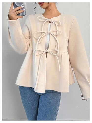 MakeMeChic Women's Tie Front Crew Neck Long Sleeve Coat Ruffle Hem Jacket Outerwear3