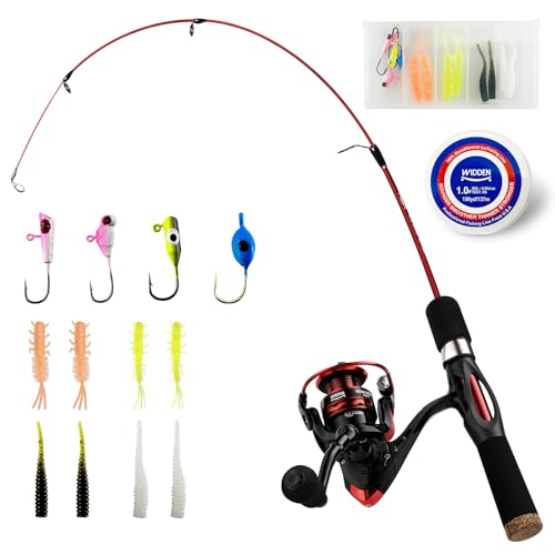 WIDDEN Ice Fishing Rod and Reel Combo, 27' Medium Light Spinning Ice Fishing Pole, Gear with Tackle Box Kit, Line, Lures for Saltwater, Freshwater Trout, Bass, Walleye