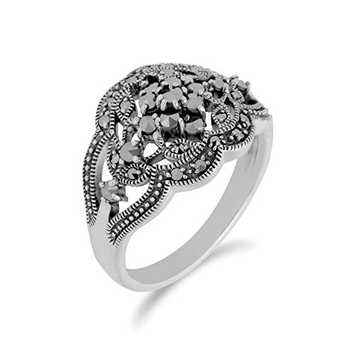 Gemondo Sterling Silver 925 Art Nouveau with Cluster Prong Set Marcasite Filigree Classic Statement Ring Size 5, 6, 7, 8, and 92