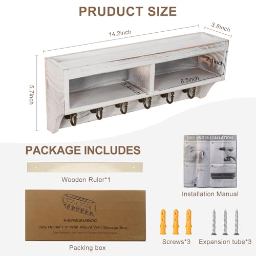 Image of Key Holder Wall Mount - Mail Organizer Wall Mount with 6 Key Hooks and Storage Box for Sunglasses Storage and Dog Leash Holder Home Decor Rack Apartment Farmhouse Shelf Entryway Organizer (White)