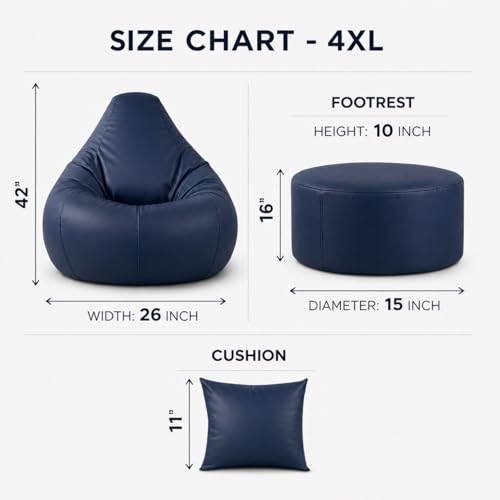 Image of 4XL Tear Drop Bean Bag with Footrest & Cushion | Premium Leatherette Bean Bag Cover | XXXXL Lounger Chair for Living Room | Without Beans | Upto 150 Kg (Navy::Blue, XXXXL)