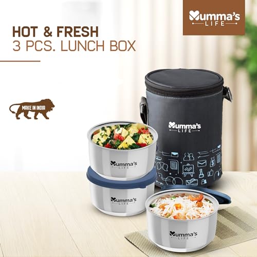 Image of Mumma's LIFE Stainless Steel Lunch Box 3 Containers Lunch Box With Lid (Grey)