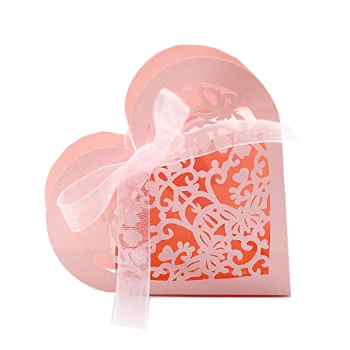 GIVBRO Lot de 50 boîtes à dragées en forme de cœur avec rubans pour décoration de table Rose