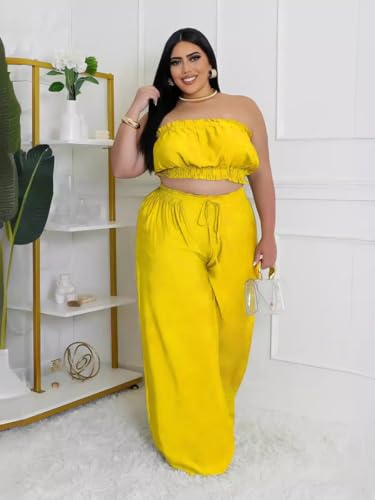 Image of Two Piece Sets for Women Summer Outfits Crop Tops and Wide Leg Pants Sets Sexy Jumpsuits Vacation Outfits with Pockets