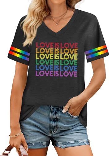 Pride Shirts Women: Love is Love Rainbow T Shirt Gay Pride Tshirt Rainbow Heart Graphic Tees LBGT V Neck Tops