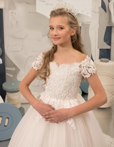 Girl's Off Shoulder Flower Girl Dress Lace Applique Tulle Pageant Dress White Princess Kids Wedding Party Ball Gown US144