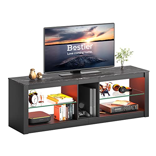 Bestier Entertainment Center LED Gaming TV Stand for 55+ Inch TV Adjustable Glass Shelves 22 Dynamic RGB Modes TV Cabinet Game Console PS4, Black Marble 55 inch Black Marble