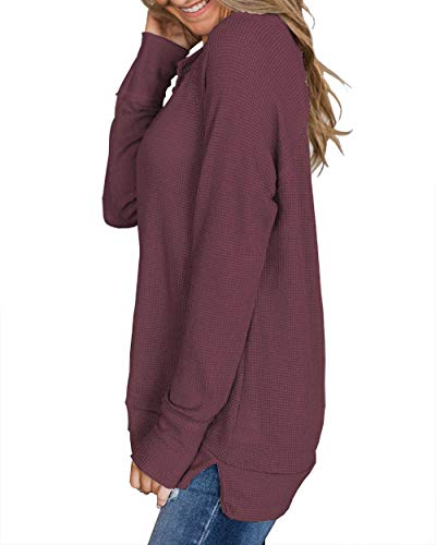 Herilios Women's Long Sleeve Waffle Knit Tunic Tops Casual V Neck Shirts Loose Fit Pullovers Burgundy
