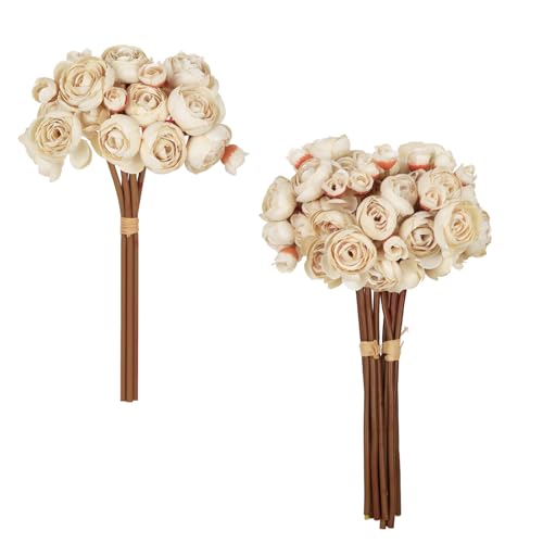 IPOPU Ranunculus Artificial Flowers 2Bouquets Silk Flowers with Stems 12PCS Mini Fake Flowers for DIY Wedding Bouquet Bridal Shower Decorations Floral Filler Flowers Centerpieces (Beige)