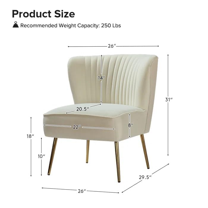 Image of Modern Upholstered Accent Velvet Chair Single Seater Channel Tufted Wing Back Chair with Golden Matel Legs for Living Room, Bedroom, Dining Room, Ivory