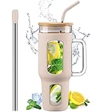 WINSA Glass Tumbler with Lid and Straw, 46 oz Iced Coffee Cup with Handle, Large Water Bottles with Silicone Sleeve, Glass Cup with Straws - Pearl Straw & Drinking Straw BPA Free-Amber