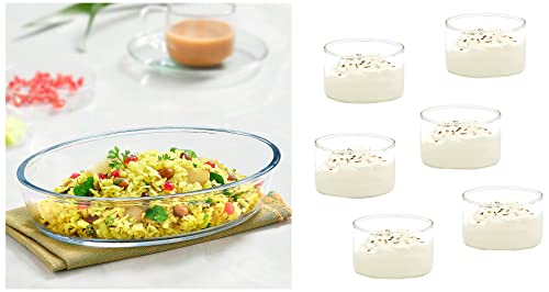 Image of Borosil Oval Baking Dish, 700ml, Transparent & Small Glass Kattori, 105ml, Set of 6, Transparent Combo